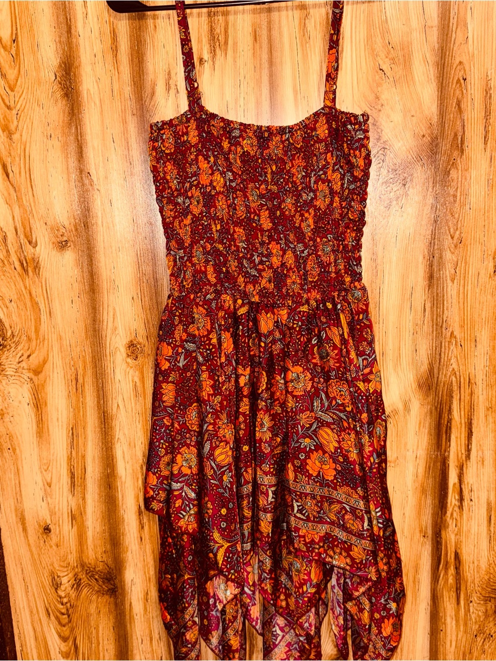 Boho Floral Handkerchief-Hem Dress in Burgundy and Orange